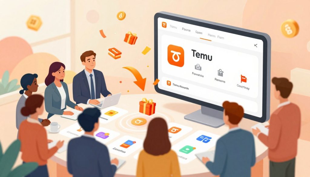 A visually engaging illustration depicting the Temu rewards ecosystem. In the foreground, show a diverse group of individuals, dressed in professional business attire, actively interacting with a digital interface displaying colorful icons representing various rewards, like gift cards and collectible items. In the middle ground, depict a sleek, modern device showcasing the Temu app's interface, highlighting how users unlock rewards through purchases and referrals. In the background, create a vibrant, abstract environment with elements symbolizing engagement and community, such as animated arrows and digital rewards cascading towards the users. Use soft, inviting lighting to create a positive and energetic atmosphere, emphasizing excitement and connection in the reward experience. Opt for a slightly elevated angle to capture all layers effectively. A visually engaging illustration depicting the Temu rewards ecosystem. In the foreground, show a diverse group of individuals, dressed in professional business attire, actively interacting with a digital interface displaying colorful icons representing various rewards, like gift cards and collectible items. In the middle ground, depict a sleek, modern device showcasing the Temu app's interface, highlighting how users unlock rewards through purchases and referrals. In the background, create a vibrant, abstract environment with elements symbolizing engagement and community, such as animated arrows and digital rewards cascading towards the users. Use soft, inviting lighting to create a positive and energetic atmosphere, emphasizing excitement and connection in the reward experience. Opt for a slightly elevated angle to capture all layers effectively.