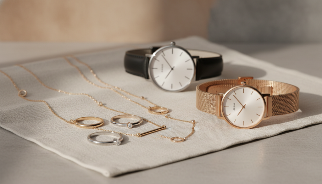 minimalist jewelry and stylish watches
